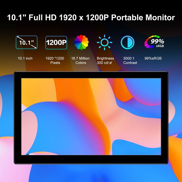 Портативний монітор 10.1 дюйма Full HD IPS LCD екран з HDMI та USB Type C для ноутбука, ПК, PS4/5, Xbox, Rasp Pi (без тачскріну)