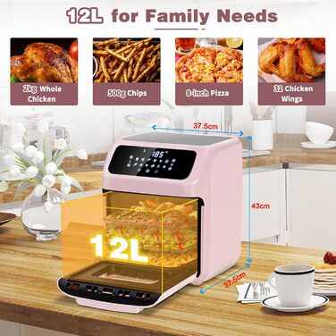 LLIVEKIT Convection Oven 12 L, 12-in-1 Digital Air Fryer for Family, 360° Hot Air Circulation, Mini Oven, Oil-Free Dehydrator, 90 Min. Timer, Cookbook & 6 Accessories, 1800 W 12L Pink
