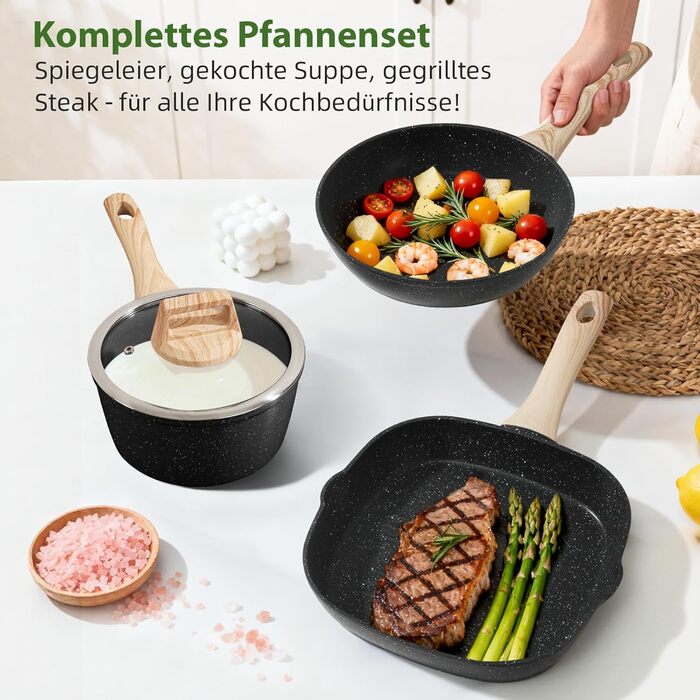 Набір каструль та сковорідок GMISUN 11 предметів з нержавіючої сталі, індукційне дно, для всіх типів плит, без PFOA/PFOS, чорний