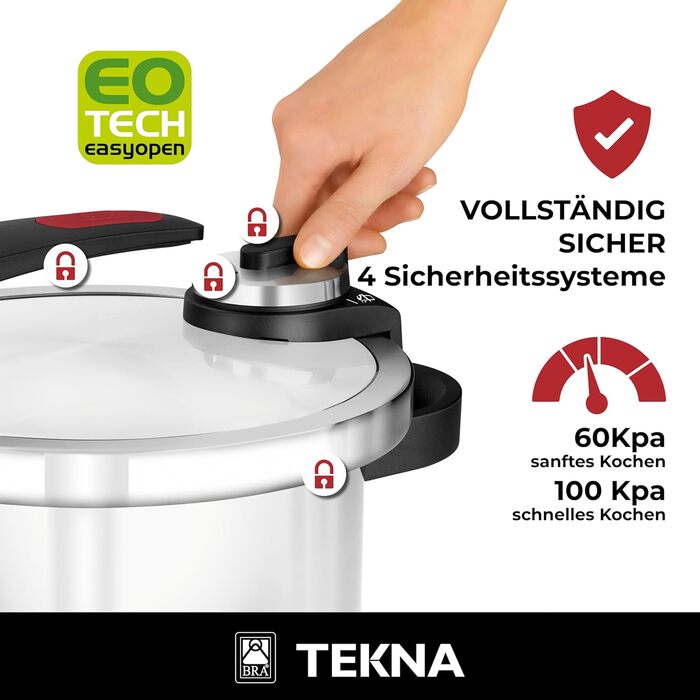 Скороварка BRA Tekna 6 л з легкою відкривною системою, нержавіюча сталь 18/10, 2 програми, підходить для всіх плит