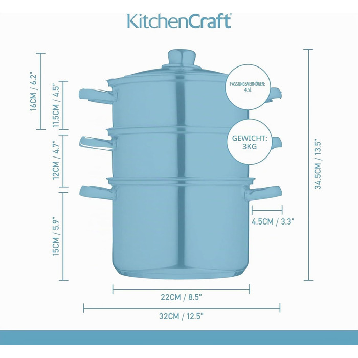 Набір каструль KitchenCraft з пароваркою, 3 предмети, нержавіюча сталь, для індукційних плит, 22 см, сріблястий