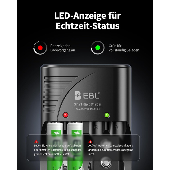 Зарядний пристрій для акумуляторів EBL AA AAA 9V NIMH з 4-ма відсіками, смарт-зарядка, LED-дисплей, швидка зарядка (з набором акумуляторів)