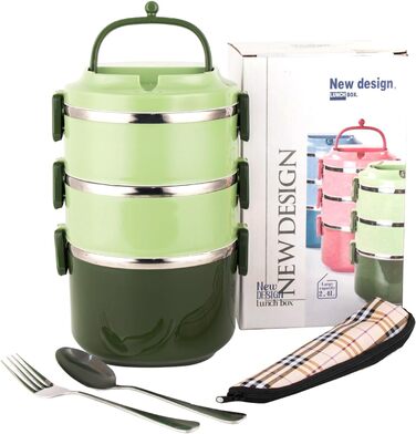 SANQIAHOME 3-Tier Stackable Stainless Steel Lunchbox, Leak-Proof, Green