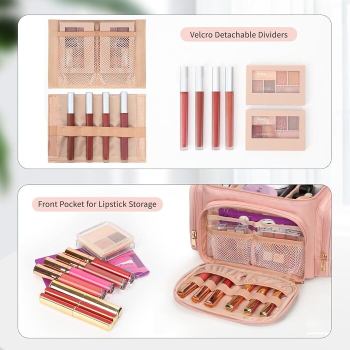 Косметичка велика для подорожей, жіноча косметичка з відділенням для пензлів, портативна органайзер для макіяжу (рожева)
