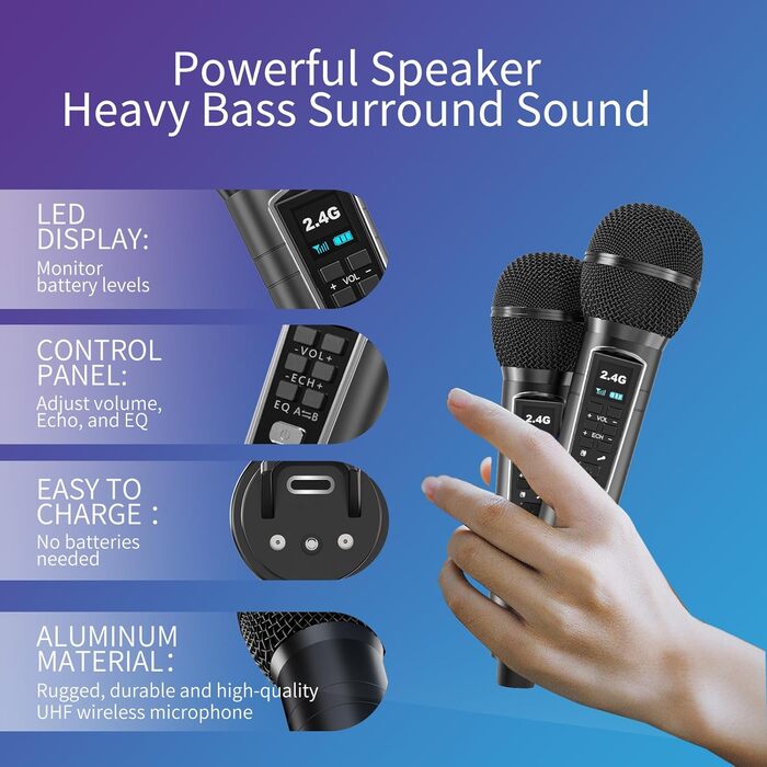 Портативна караоке-машина з Bluetooth, 20W, 2 бездротові мікрофони, PA-система для дому, вечірок, церкви, пікніка, на відкритому повітрі, чорний