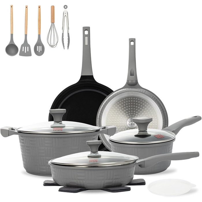 Набір посуду UCCLIFE 17 предметів: каструлі, сковорідки з антипригарним покриттям, керамічний набір, антипригарна сковорода, каструля, суповарка, безпечний, для індукційних плит, кухонний набір, сірий колір