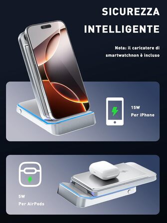 Бездротовий зарядний пристрій TigraTigro 15W Qi, складний, швидка зарядка для iPhone 16/15/14/13/12, Samsung Galaxy, Google Pixel, тримач для навушників, компактний (Срібний) DH18-White