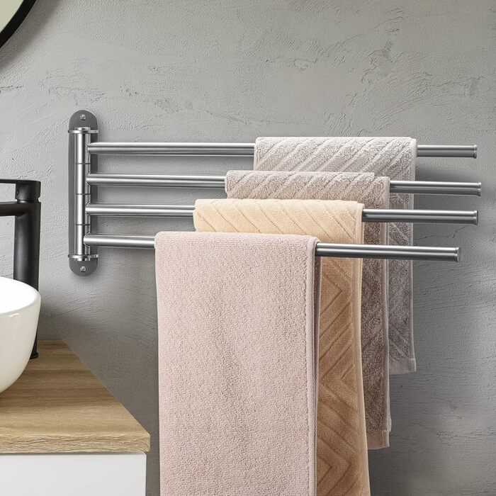 Тримач для рушників у ванну кімнату з 3-ма перекладинами, поворотний, з 3-ма кріпленнями, 40 см, нержавіюча сталь, монтаж на стіну, срібний (тримач для рушників з 4-ма кріпленнями)