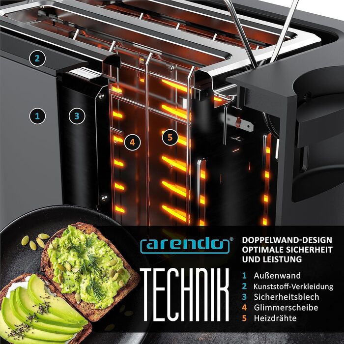 Тостер Arendo Touch на 2 скибки, нержавіюча сталь, сенсорна панель, цифровий дисплей, індикатор залишкового часу, 800 Вт, подвійний корпус, підставка для булочок, 7 рівнів підсмажування, центрирування хліба, Cool Grey