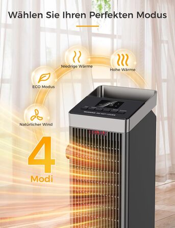 Електричний обігрівач QEXREED 2000W з PTC термостатом, 4 режими, таймер 24 год, дистанційне керування, захист від перегріву та перекидання, для дому та офісу