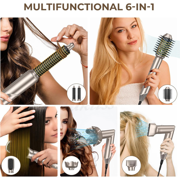 UKLISS 6-в-1 Airstyler: Фен-щітка, локони, укладка, іонізація 60 000 U/min, золотий