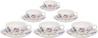 Tea cup set made of fine bone china porcelain. 6 teacups, each 150ml, and 6 saucers with a stylish cup design.