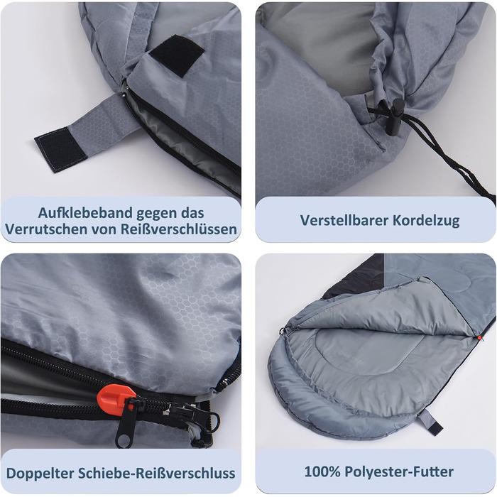 Дитячі спальні мішки для кемпінгу та подорожей - компактні, легкі, водонепроникні, 3-сезонні, з сумкою для перенесення, для хлопчиків та дівчаток (Сірий)