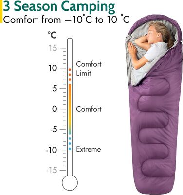 Спальний мішок для дорослих Trail 3 сезони – для кемпінгу, піших прогулянок, подорожей – 300 GSM – з внутрішніми кишенями – фіолетовий