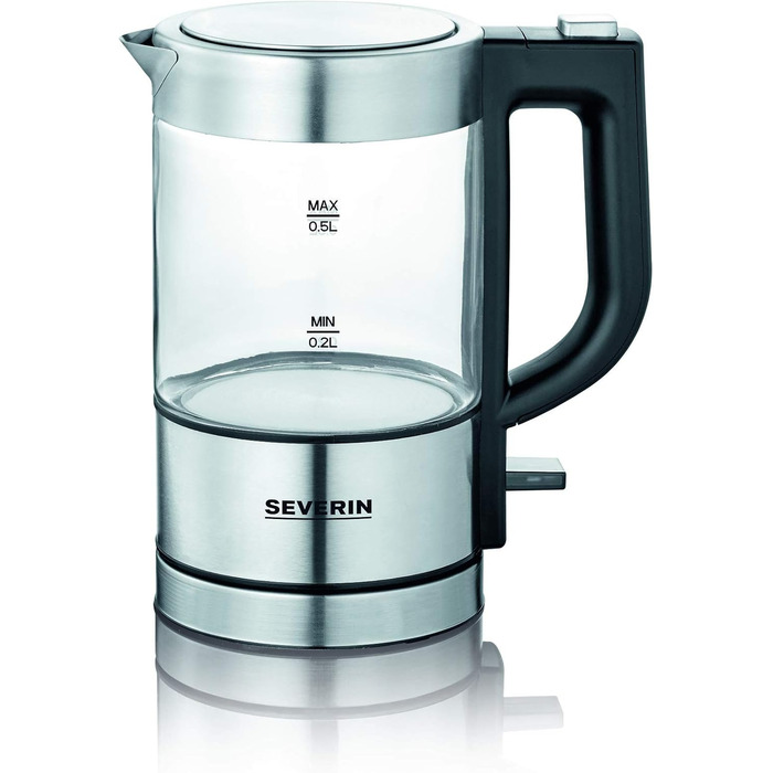SEVERIN Mini Glass Kettle 0.5 L, powerful and compact with a high-quality design, electric kettle with scale filter, stainless steel/black, WK 3472