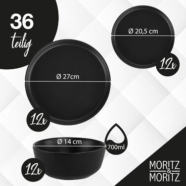 Набір посуду Moritz & Moritz NORDIC на 12 осіб (36 предметів) - чорний, кераміка, скандинавський дизайн
