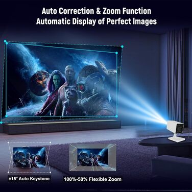 Mini проєктор Beamer 4K з Wi-Fi 6 та Bluetooth 5.0, 150 ANSI Lumen, портативний, автоматичне вирівнювання, 130 дюймів, для домашнього кіно, сумісний з телефоном/ПК/HDMI/USB