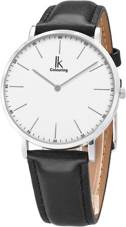 Годинник наручний Alienwork IK Slim Ø36mm для чоловіків та жінок, ультратонкий, шкіряний ремінець (срібло/срібно-білий/чорний шкіряний ремінець)