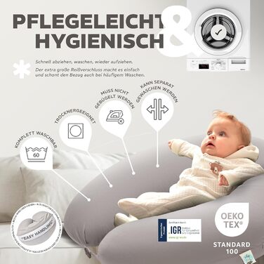 Подушка для вагітних та годування Sei Design XXL з муслінової обтяжки, ергономічна, для сну на боці, комфортна, 190x30 см, 100% органічна бавовна (джерсі сіро-сріблястий)