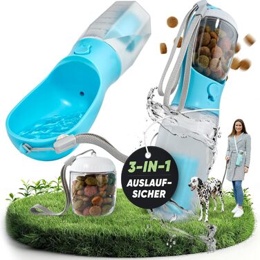 Водяна пляшка для собак на прогулянці 3-в-1 з мискою | Безпечна, BPA-free, з функцією подачі води | 600 мл, блакитна