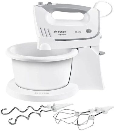 Bosch Hand Mixer MFQ36460, Hand Mixer, Mixing Bowl Plus Stand, 2 Beaters, 2 Stainless Steel Dough Hooks, 450 W, White