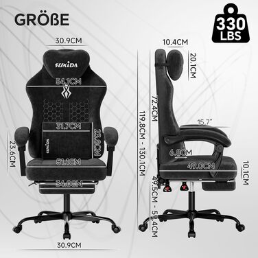 Ігрове крісло SUKIDA Ergonomic Pureblack: ергономічний офісний стілець з підскладною підставкою для ніг, підголівником та поперековою підтримкою, тканинна оббивка