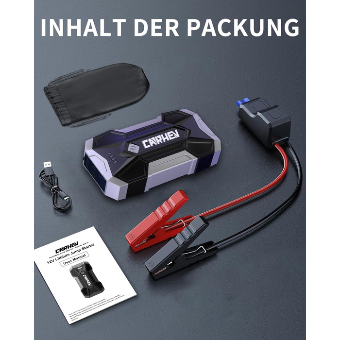 Powerbank для авто Starthilfe: 4500A, 8.0L (бензин/дизель), 12V, LED, Jump Starter з кабелями та 2 USB