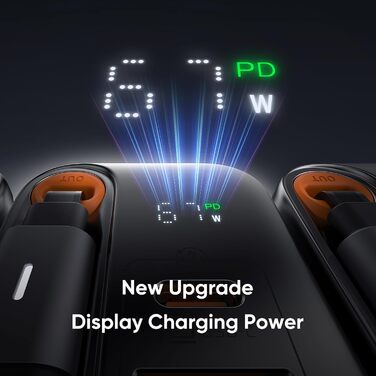 Мсдодо зарядний пристрій USB-C 67W з висувним кабелем, мережевий адаптер, швидка зарядка GaN, 3 порти, LED дисплей, чорний