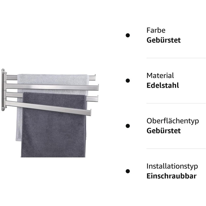 KES Towel Rail Swivel Towel Bar 4 Arms Bathroom Stainless Steel SUS304 Towel Holder 50CM 180° Rotation Brushed, A2104S4L50-2 4 Arms, 50CM Brushed
