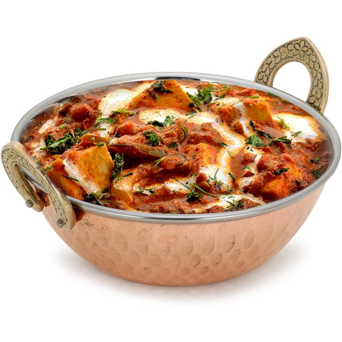 Zap Impex Traditional Indian Serving Bowl Copper Stainless Steel Hammered Karahi Indian Dishes and Portion Curry Serving Dishware for Household and Kitchen (15 cm) 400 ml 4-Piece Set