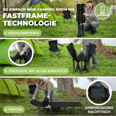 NORDICTRAILS Кемпінгове ліжко NORDICTRAILS - XXL розкішне ліжко для кемпінгу | Складне, легке та широке для відпочинку на природі | Гостьове ліжко, лежак, складане ліжко, ліжко для риболовлі, карпове ліжко з надзвичайно м'яким матрацом з подушкою, чорне