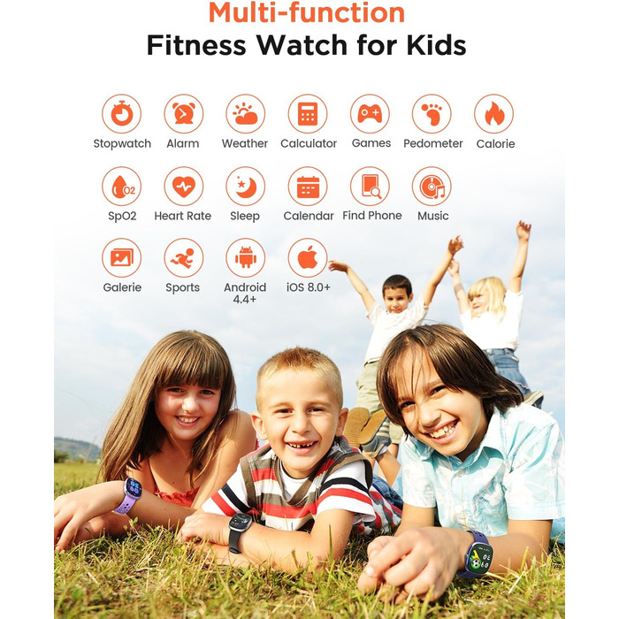 Дитячий розумний годинник для хлопчиків та дівчаток, фітнес-трекер активності з 100+ спортивними режимами, крокомір, монітор серцевого ритму та сну, водонепроникність IP68, подарунок для підлітків 5-16 років, чорний