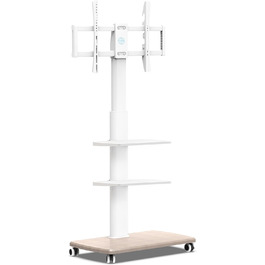 FITUEYES Rolling TV Stand with 3 Shelves - Mobile TV Stand for 32-70 Inch TVs up to 40kg, VESA 400x600, Adjustable & Swivel, White