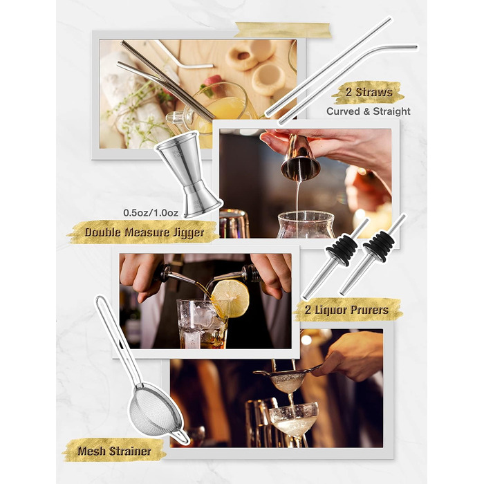 Набір для коктейлів YISSVIC 22 частини: шейкер, мірні склянки, ложка, наливник, підставка з бамбука. Подарунок для професіоналів та початківців