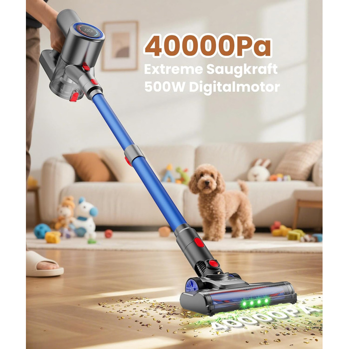 Версліф: Бездротовий акумуляторний пилосос 500W, 45 хв роботи, 40kPa, з LED-дисплеєм, для дому, авто, прибирання шерсті тварин, синій