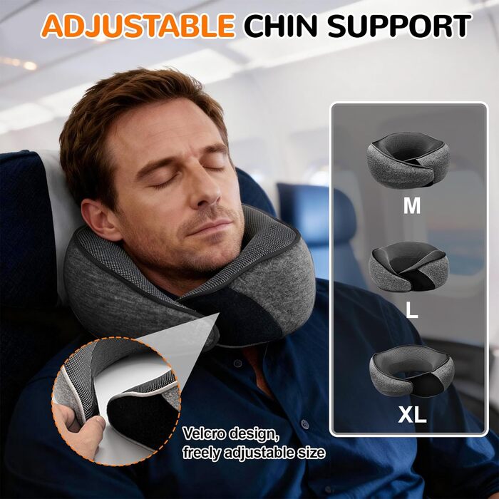 Подушка для шиї у літак, подушка для подорожей Memory Foam 360° підтримка, подушка-вичка з навушниками, маска для сну та сумка. Регульована, компактна подушка для подорожей літаком, автомобілем, поїздом. Чорний колір