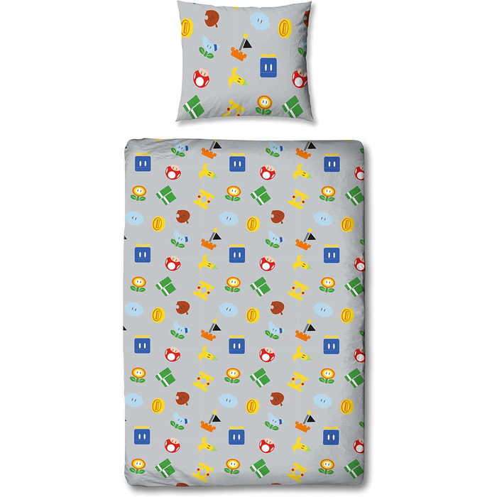 Комплект постільної білизни Kinder Super Mario для хлопчика 135x200/80x80 см, 100% бавовна, з блискавкою, з принтом Маріо, Луїджі, Піч та Стар