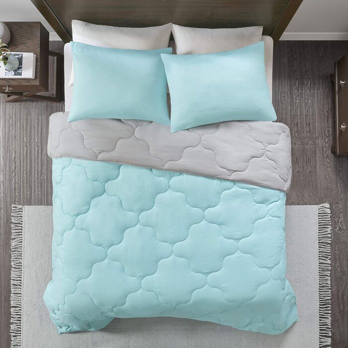 Комплект постільної білизни Comfort Spaces Vixie: стеганий дизайн, чорно-сірий, для всіх сезонів, з наволочками (Twin/Twin XL, Aqua/Grey)