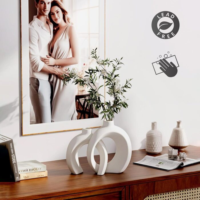 White Ceramic Donut Vase Set for Pampas & Dried Flowers - Modern Boho Home Decor