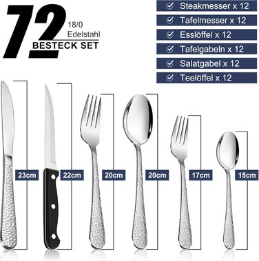 Набір столових приборів HaWare, 72 шт. з нержавіючої сталі (12 осіб), з ножем, виделкою, ложкою, сучасна ручка 'молоток', для дому/вечірки/готелю/ресторану, блискучий, придатний для миття в посудомийній машині. Включає ніж для стейку.