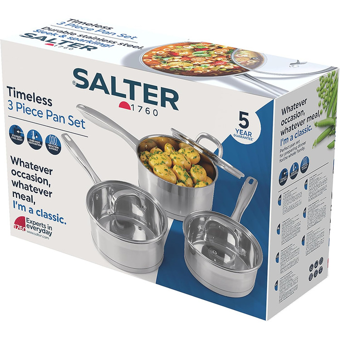 Набір каструль Salter Timeless 3-рівневий паровар з нержавіючої сталі, 18 см, з ручками та скляною кришкою, антипригарне покриття, пароварка для овочів, сумісний з індукційними плитами (3 шт.)