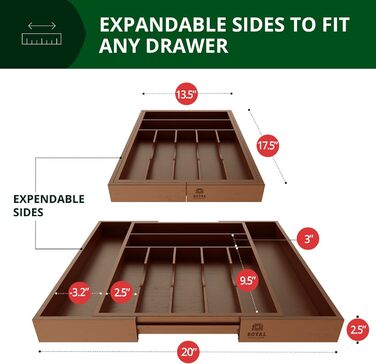 Органайзер для столових приладів ROYAL CRAFT WOOD з бамбука, 9 відділень (20x17.5 см), коричневий