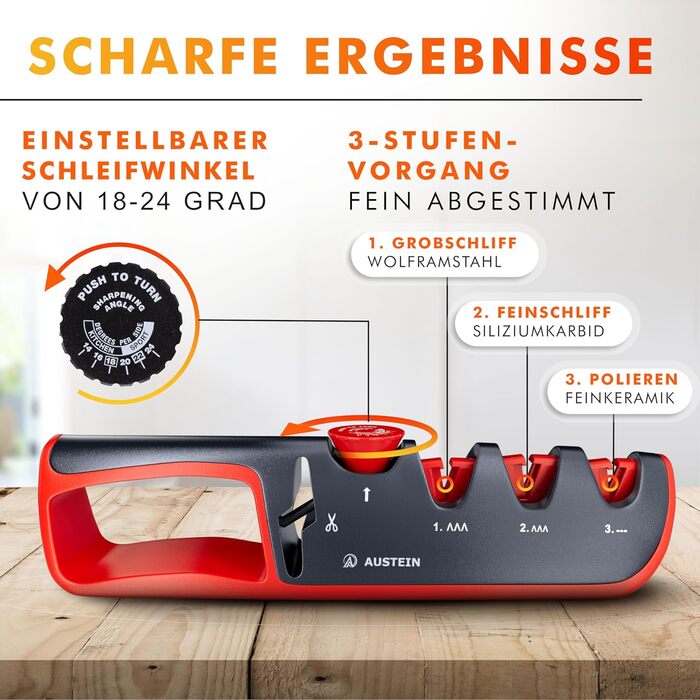 Точилка для ножів AUSTEIN QuickSharp 4-в-1: професійне заточування та шліфування (червона)