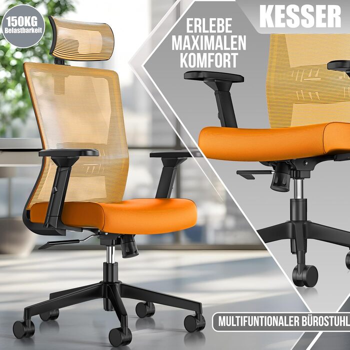 Офісне крісло KESSER® ергономічне з регульованими підлокітниками, підтримкою попереку та підголівником | Крісло для офісу з функцією гойдання до 125° та 5 колесами | Оранжево-чорний колір