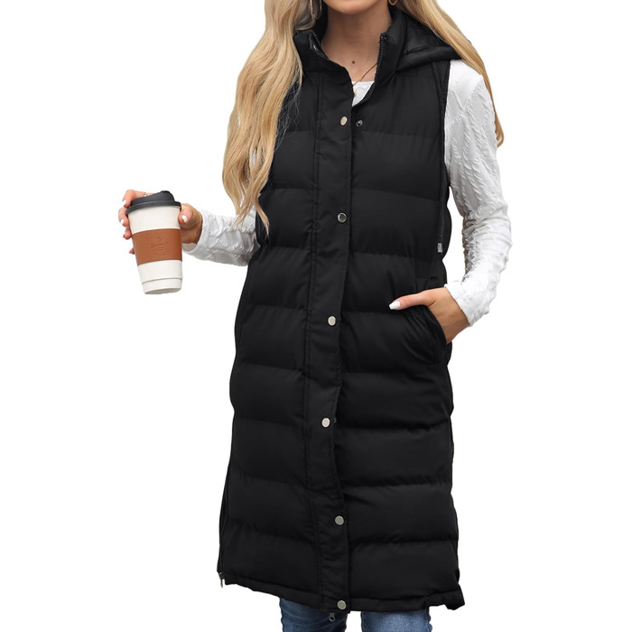 Жіноча зимова жилетка Maeau: тепла, довга, з капюшоном та кишенями (чорний, XXL)