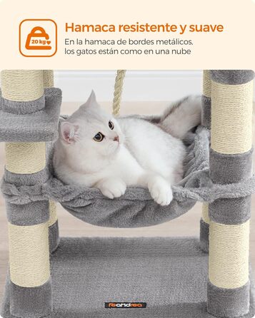 Дерево для дряпання Feandrea, 112 см, багатоповерхове, з 11 стовпчиками для дряпання, 2 платформами, будиночком та гамаком, 2 іграшками, сірий, PCT215W01