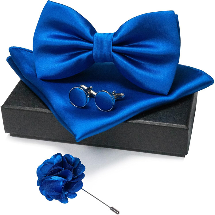 Метелик чоловічий JEMYGINS з шовку сатин, нагрудна хустинка та запонки (синій)