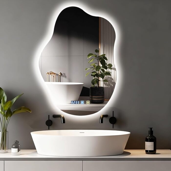 Дзеркало для ванної кімнати з підсвічуванням 50x70 см, сенсорне керування, протитуманне покриття, 3 кольори світла, регулювання яскравості, функція пам'яті, хмарна форма