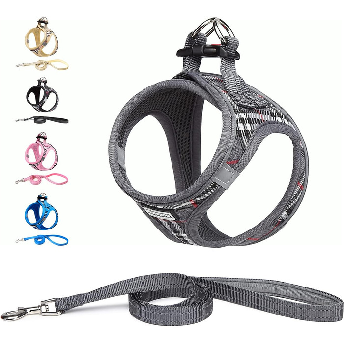 Шлейка для собак Suredoo, маленькі та середні породи, анти-тяга, світловідбиваюча, дихаюча, для цуценят (M, 34-39см; XL, 46-53см, 8-10.5кг), сіра в клітинку
