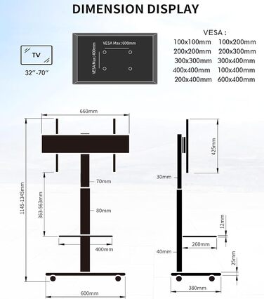 Підставка для телевізора Stellar на коліщатках з полицею, регульована по висоті та поворотна. Підходить для телевізорів 32-70 дюймів, до 45 кг, універсальна, VESA 600x400, білий (чорний)